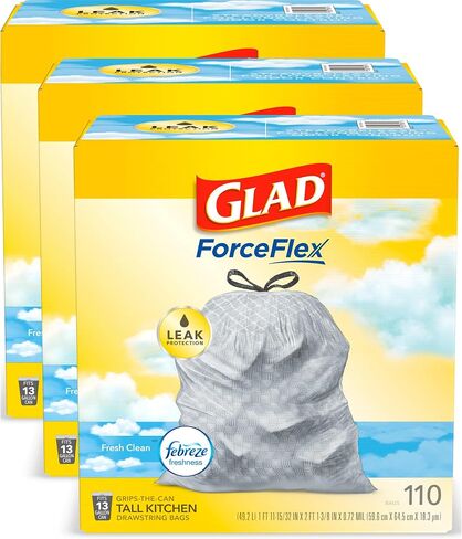 Glad ForceFlex Drawstring Trash Bags, 13 Gal, Fragrance Free, 110 Ct, Pack May Vary in Saudi Arabia