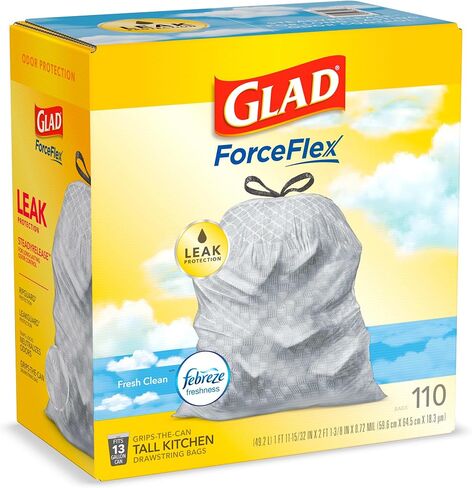 Glad ForceFlex Drawstring Trash Bags, 13 Gal, Fragrance Free, 110 Ct, Pack May Vary in Saudi Arabia
