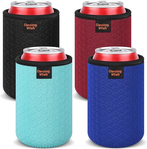 تصميم أتمنى 12oz يمكن تبريد الأكمام، 12 أوقية البيرة القياسية يمكن الأكمام عدم الانزلاق النيوبرين صودا البوب ​​علب مبردات الأكمام المشروبات عازل حامل زجاجات البيرة مبردات 4 حزمة (أحمر / أسود / أزرق / سماوي) in Kuwait
