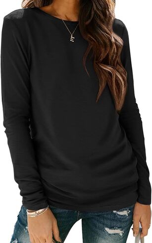 ATHMILE إمرأة كم طويل رقبة مستديرة قمصان الأساسية المحملة رداء علوي غير رسمي الخريف العصرية تونك وتتسابق المجهزة تي شيرت in Kuwait