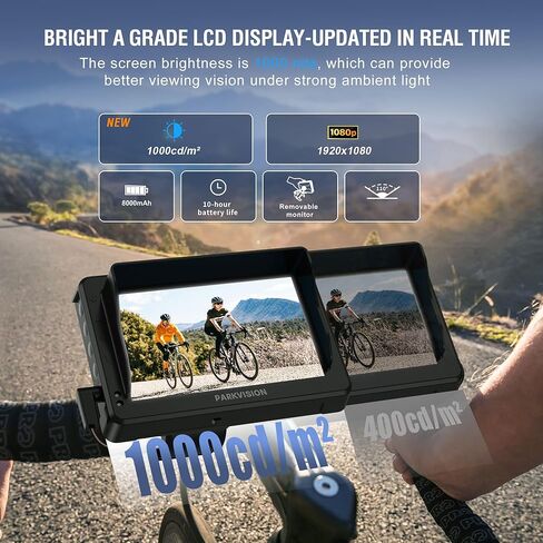 مرآة دراجة المقود PARKVISION، كاميرا رؤية خلفية للدراجة مع مظلة شمسية مضادة للوهج، شاشة 4.3 بوصة HD 1080P، بطارية 8000 مللي أمبير، رؤية زاوية واسعة 120 درجة، كاميرا الدراجة للجبال، الدراجة الإلكترونية، دراجة الطريق in Kuwait