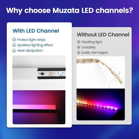 Muzata 5 حزمة 3.3FT/1M قناة شريط LED بدون بقع مع سلك تعليق مناسب للماء شريط LED ضوء فضي من الألومنيوم LED قناة ناشر ضوء LED U116 WW 1M in Saudi Arabia