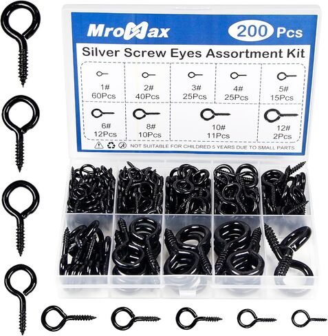 MroMax 200Pcs Screw Eyes Assortment Kit, 0.73" 0.77" 0.90" 1" 1.09" 1.18" 1.39" 1.58" 1.81" Silver Zinc Plated Eyelet Screws, Silver Metal Small Tapping Screw Hooks Ring for Wood Hanging Artwork in Saudi Arabia