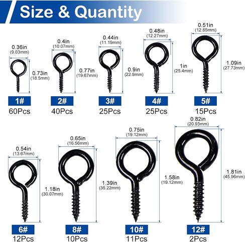 MroMax 200Pcs Screw Eyes Assortment Kit, 0.73" 0.77" 0.90" 1" 1.09" 1.18" 1.39" 1.58" 1.81" Silver Zinc Plated Eyelet Screws, Silver Metal Small Tapping Screw Hooks Ring for Wood Hanging Artwork in Saudi Arabia
