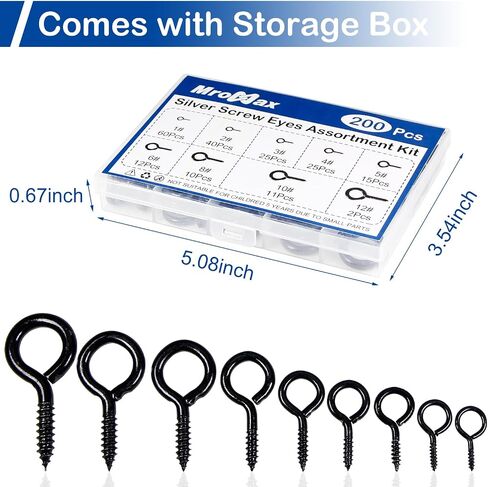 MroMax 200Pcs Screw Eyes Assortment Kit, 0.73" 0.77" 0.90" 1" 1.09" 1.18" 1.39" 1.58" 1.81" Silver Zinc Plated Eyelet Screws, Silver Metal Small Tapping Screw Hooks Ring for Wood Hanging Artwork in Saudi Arabia