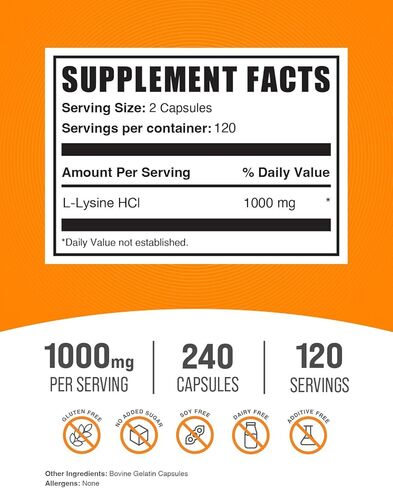 BulkSupplements.com L-Lysine HCl Capsules - Lysine Supplement, Lysine 1000mg Capsules - for Immune Support, Gluten Free, 2 Capsules per Serving, 240 Capsules (Pack of 1) in Kuwait