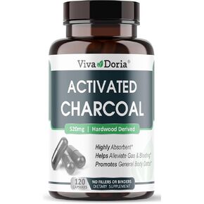 Viva Doria Activated Charcoal 520 mg, 120 Vegetable Capsules Highly Absorbent Helps Alleviate Gas & Bloating Supports Natural detoxification