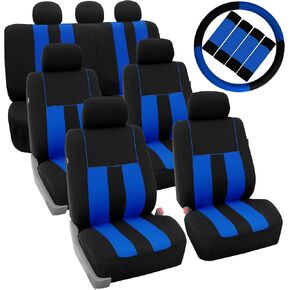 مجموعة FH Group Combo المكونة من ثلاثة صفوف من أغطية مقاعد السيارة المخططة الرائعة 7 مقاعد مع غطاء عجلة القيادة ومنصات حزام الأمان - تناسب عالمي لمعظم السيارات والشاحنات وسيارات الدفع الرباعي أو الشاحنات الصغيرة رمادي/أسود in Kuwait