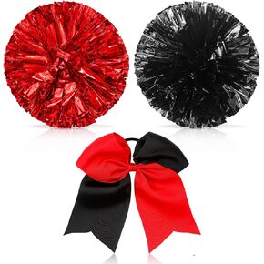 Set of 3 12 Inch Cheerleading Pom Poms and Large Cheerleader Ponytail Bow Holder for Girl Large Metallic Cheerleader Pom Poms for Sports Team Cheering (Green and Gold)