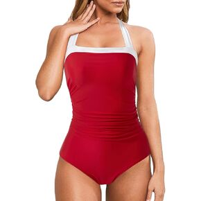MOOSLOVER Women Retro Halter One Piece Swimsuit Color Block Tummy Control Bathing Suit in Kuwait