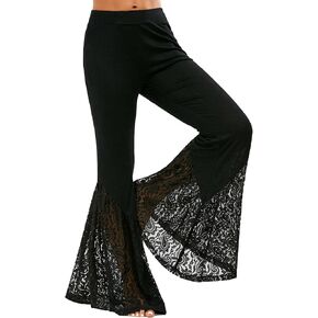 Sexyshine Women's High Waist Lace Mesh Sheer Long Pants Flared Bell Bottom Rave Festival Dance Clubwear Pants