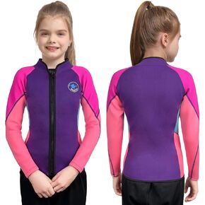Kids Wetsuit Top for Girls 2mm Neoprene Jacket Long Sleeve Front Zipper Swimsuit Keep Warm Swimwear for Surfing Swimming Diving