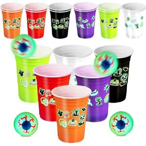 16 Oz Plastic Party Cups Halloween Pong Set,Pong Party Cup Set, Chroma Pong Cups and Glow-in-The-Dark Balls,Fluorescent Halloween Sticker at Halloween Eve Party (Halloween Color)