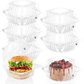 100 Pack Clear Clamshell Food Containers, Disposable Food Containers with Lids, 6 x 6 Inch Hinged Plastic To Go Containers for Dessert, Cake, Salad, Bakery Supplies