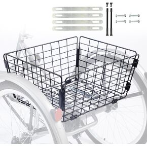 Tricycle Rear Basket Folding Large Capacity Basket Steel Basket for 20 24 26 Inch Tricycles Trike, Black