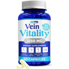 Vein Vitality 1250mg Diosmin Hesperidin Complex for Varicose Veins Treatment with Horse Chestnut, Butchers Broom & Bioflavonoids - Supports Blood Circulation for Healthy Leg Veins - 60 Capsules