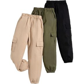 Floerns Girl's 3 Pcs Solid Elastic Waist Running Flap Pocket Cargo Pants