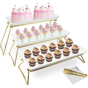 Extra Large 3 Tier Serving Tray, 24 x22 x 9.8 Inch Melamine Tiered Tray Stand and Platters for Party Buffet Entertaining, White and Gold