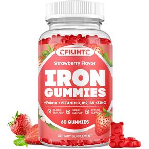 Iron Gummies for Women & Men - Iron Supplement with Vitamin B6, B12, C, Zinc, Folate for Adults & Kids - Support Iron Deficiency, Anemia, Energy Boost, Blood Builder - Sugar Free Vegan 60ct Strawberry