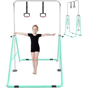 Gymnastics Bar for Kids with Gymnastics Rings, Height Adjustable Gymnastics Horizontal Bar, Foldable Bar Gymnastics Equipment for Home Room Indoor Outdoor Gym Practics, Gymnastic Bar