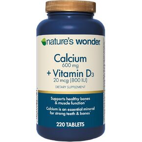 Nature's Wonder Calcium 600 mg with Vitamin D3 20 mcg for Bone Health, 220 Tablets