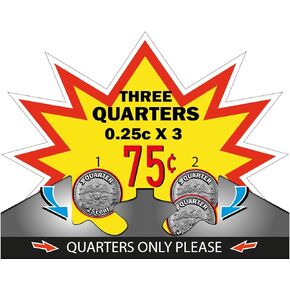 75 Cent Price Decal for Big Capsule Vending Machine & Northwestern 3 Quarters Coin Mechanism - Original Gumball Machine Display Labels. Inside Sticker. Eye-catching Reverse Vinyl Decal - (25 pc)