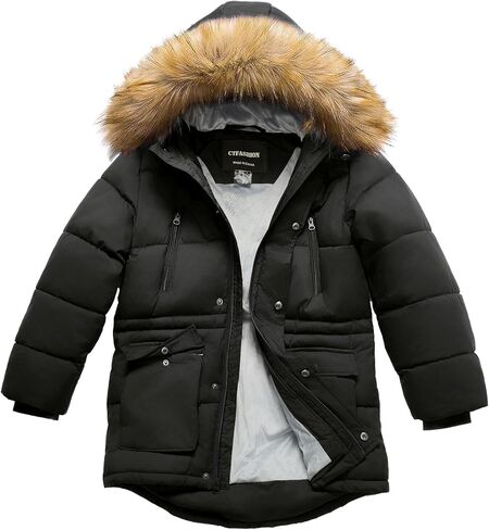 Boy's Winter Coat Waterproof Kids Puffer Jacket Thicken Parka Fleece Lined Bubble Ski Snow Outerwear with Fur Hood in Kuwait