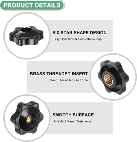 4-Pack 6 Star Knobs, M8 Female Thread 31mm Hexagon Head Through Hole Clamping Grip Handles for Machinery/Electronic/Woodworking, Brass Screw-On Threaded Knob [Black] in Saudi Arabia