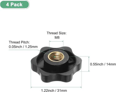4-Pack 6 Star Knobs, M8 Female Thread 31mm Hexagon Head Through Hole Clamping Grip Handles for Machinery/Electronic/Woodworking, Brass Screw-On Threaded Knob [Black] in Saudi Arabia