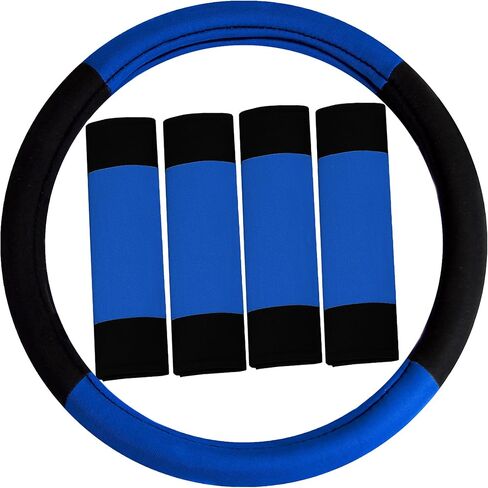 مجموعة FH Group Combo المكونة من ثلاثة صفوف من أغطية مقاعد السيارة المخططة الرائعة 7 مقاعد مع غطاء عجلة القيادة ومنصات حزام الأمان - تناسب عالمي لمعظم السيارات والشاحنات وسيارات الدفع الرباعي أو الشاحنات الصغيرة رمادي/أسود in Kuwait