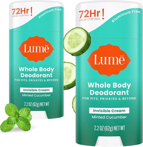 Lume Whole Body Deodorant - Invisible Cream Stick - 72 Hour Odor Control - Aluminum Free, Baking Soda Free, Skin Safe - 2.2 Ounce (Pack of 2) (Minted Cucumber) in Saudi Arabia