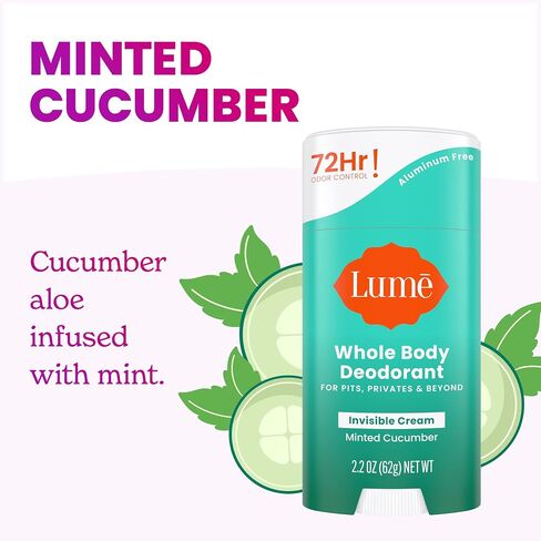 Lume Whole Body Deodorant - Invisible Cream Stick - 72 Hour Odor Control - Aluminum Free, Baking Soda Free, Skin Safe - 2.2 Ounce (Pack of 2) (Minted Cucumber) in Saudi Arabia