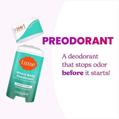 Lume Whole Body Deodorant - Invisible Cream Stick - 72 Hour Odor Control - Aluminum Free, Baking Soda Free, Skin Safe - 2.2 Ounce (Pack of 2) (Minted Cucumber) in Saudi Arabia