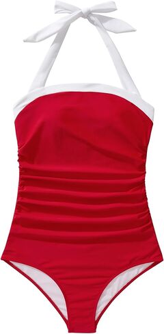 MOOSLOVER Women Retro Halter One Piece Swimsuit Color Block Tummy Control Bathing Suit in Kuwait