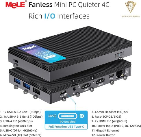 MeLE Mini PC Quieter 4C, N100 Fanless Mini PC 16GB RAM 512GB Storage | Full-functional USB-C, Support 4K triple display,dual-band WiFi, ideal for Home, Office, Education,Industry, Astrophotography in Kuwait