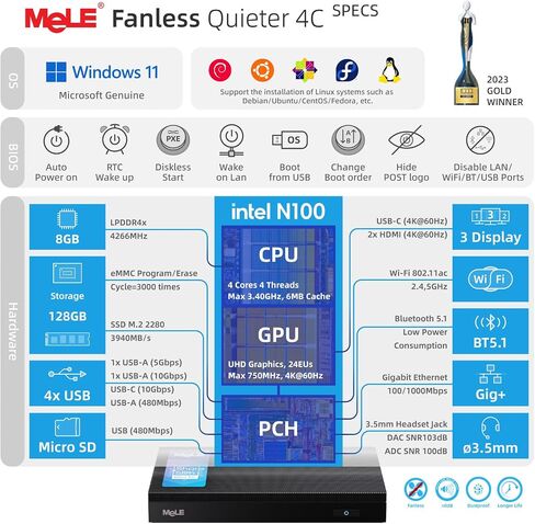 MeLE Mini PC Quieter 4C, N100 Fanless Mini PC 16GB RAM 512GB Storage | Full-functional USB-C, Support 4K triple display,dual-band WiFi, ideal for Home, Office, Education,Industry, Astrophotography in Kuwait