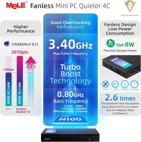 MeLE Mini PC Quieter 4C - الجيل الثاني عشر N100، تصميم بدون مروحة، ذاكرة وصول عشوائي 16 جيجابايت، ذاكرة وصول عشوائي 512 جيجابايت، Windows 11 Pro، شبكة LAN مزدوجة، 2.4/5G Wi-Fi، USB-C كامل الوظائف، سطح مكتب ثلاثي العرض 4K في المنزل والمكتب والتعليم إنترنت  in Kuwait