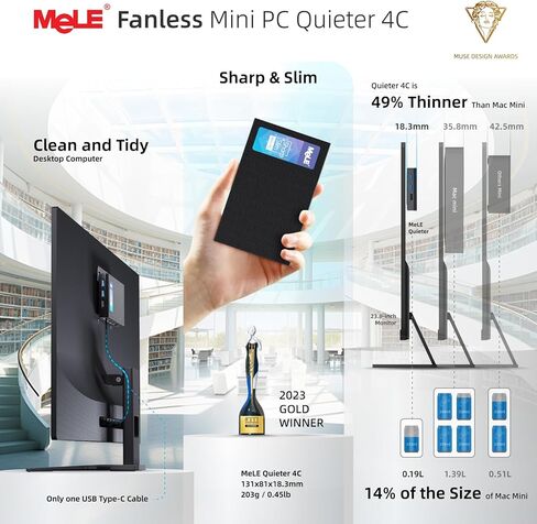 MeLE Mini PC Quieter 4C - الجيل الثاني عشر N100، تصميم بدون مروحة، ذاكرة وصول عشوائي 16 جيجابايت، ذاكرة وصول عشوائي 512 جيجابايت، Windows 11 Pro، شبكة LAN مزدوجة، 2.4/5G Wi-Fi، USB-C كامل الوظائف، سطح مكتب ثلاثي العرض 4K في المنزل والمكتب والتعليم إنترنت  in Kuwait