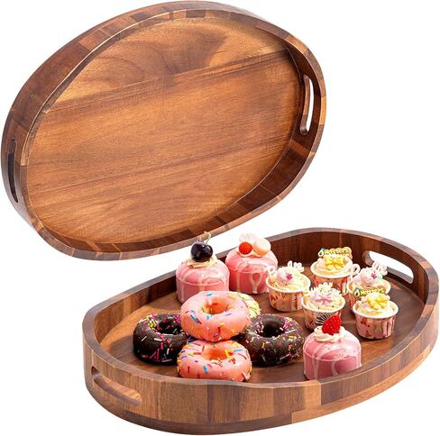 Acacia Wood Serving Tray with Handles, Decorative Ottoman Tray Platter for Breakfast in Bed, Living Room, Coffee Table, Lunch, Dinner, Bathroom, Candle Display,16.5"x13" in Saudi Arabia