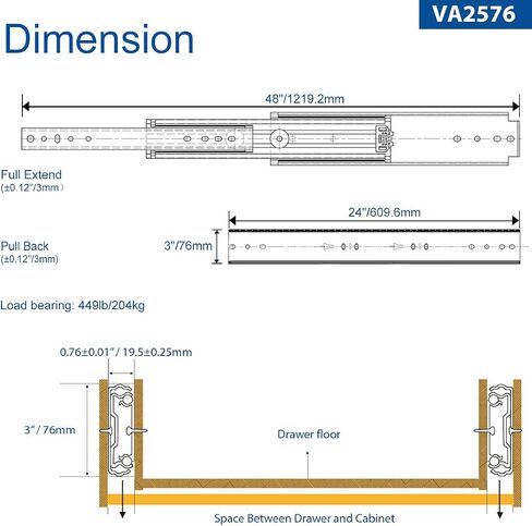 VADANIA 32" Soft Close Heavy Duty Drawer Slides, VK2053, Up to 265lb Load Capacity, 3-Fold Full Extension, Ball Bearing, Side Mount, 1-Pair in Saudi Arabia
