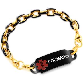 Gold Plated Stainless Steel Custom Medical Alert Band Allergy Bracelet for Men Women | Waterproof White Enamel Health Alert Bracelets | Hip Hop Style Lost Prevention Emergency Adjustable