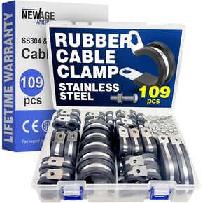New Age America® 109pcs Cable Clamps Set & Bolts/Nuts/Washers/Allen Key | 3/16" to 2" (5-51mm) | 12 Sizes | Black | 304 Stainless Steel & Rubber Cushioned Cable Clamps | Automotive Wire Pipe Clamps