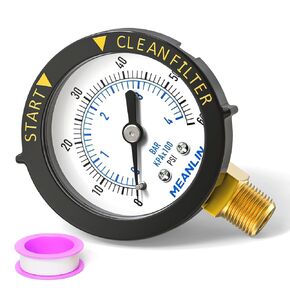 MEANLIN MEASURE 1/4" NPT 0-60Psi 2" FACE DIAL Swimming Pool Water Pressure Gauge, Center Back Mount, with 1/4" x 1/2" NPT and 1/4" x 3/8" NPT Hex Bushing