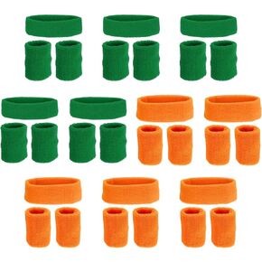 PATIKIL Sweatbands Headband Wristband, 10 Set/30Pcs Sweatband Terry Cloth for Sports Basketball Tennis Athletic Gym Working Out, Green, Orange