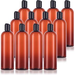 JUVITUS 16 oz / 500 ml Amber Slim PET Plastic Bottles (BPA Free) with Black Disc Cap Lid (12 pack)