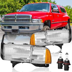 Headlight Assembly for 1994-2001 Dodge Ram 1500,94-02 Ram 2500 3500 Headlights Headlamp Replacement (Non-Sport Models), Chrome Housing Clear Lens