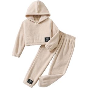 Young Girls Fall Winter Toldder Fleece Outfits Crop Hoodie Sweatshirt and Sweatpants for 2-8 Years