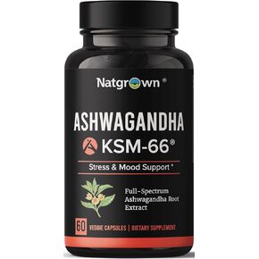 Natgrown Ashwagandha KSM-66 Root Powder Extract Capsules 600 mg with KSM66 and Black Pepper for Superior Absorption - Vegan Supplement - 60 Ct