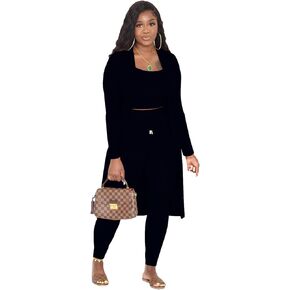 Women's Lounge Pajamas Set 3 Piece Outfits Casual Long Sleeve Long Cardigan Sleeveless Crop Top Sweatsuit Sets