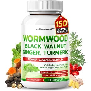 Wormwood 5,000mg - High Potency with Black Walnut Berberine Whole Cloves Ginger - Digestive Health Support - 150 Count - Made & Tested in The USA